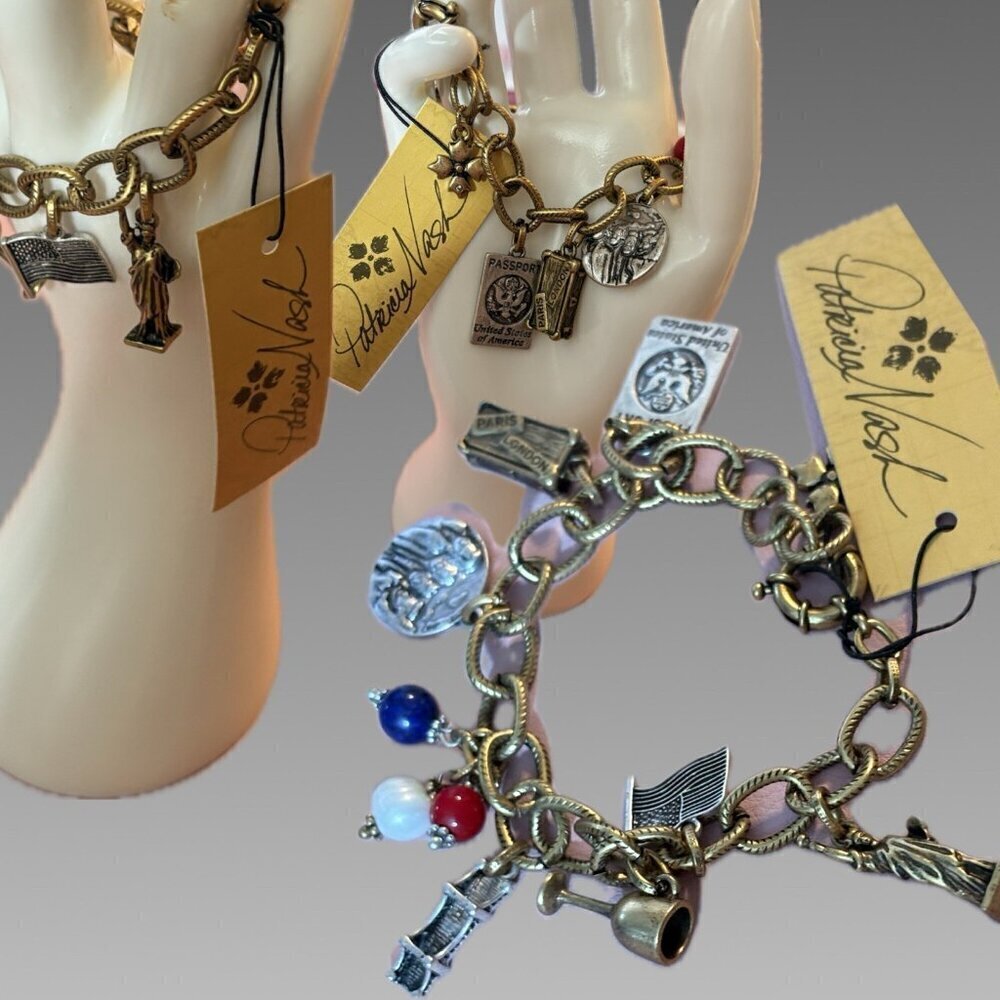 Patrica Nash Antique Gold USA & UK Travel Charm Etched Metal Chain Link Bracelet